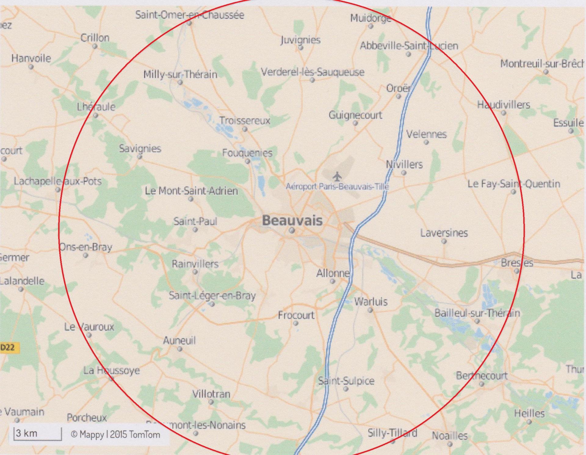 Carte avec rayon de 15 km autour de Beauvais